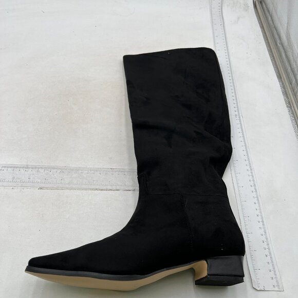 Black Suede Square Toe Knee High Boot Wide Calf Low Chunky Heel Winter Long Boot - Picture 3 of 8